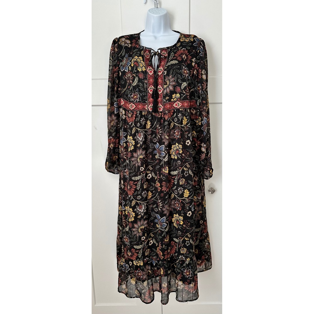Frye and Co Floral Lurex Midi Dress Black Long Sleeve Tassel Boho Women Large